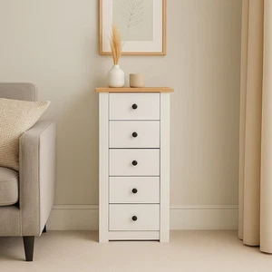 White Tallboy Chest of Drawers Solid Pine 5 Drawer Narrow Bedroom Storage Unit - Picture 1 of 6