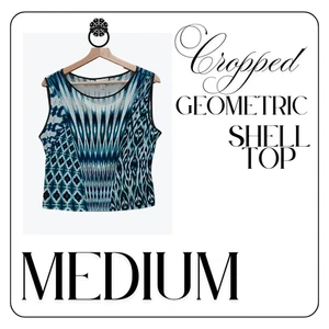 Bisou Bisou Shell Top Damen Medium Blau Weiß Geometrisches Muster Cropped Ärmellos Tank - Bild 1 von 4