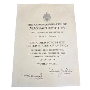 WW2 Massachusetts Certificato di Servizio FORZE ARMATE USA William S. Campbell - Foto 1 di 4