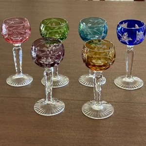 Vtg Bohemian Multi-Colored Cut to Clear Crystal Cordial Glasses Germany Set 6 - Picture 1 of 20