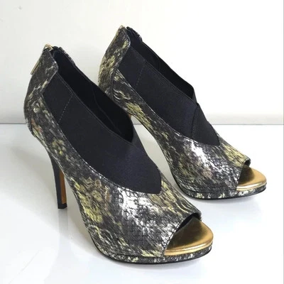 DONALD J PLINER Sassi Gold Black Platino Peep Toe Bootie Heels Womens 6.5 - Image 1 of 4