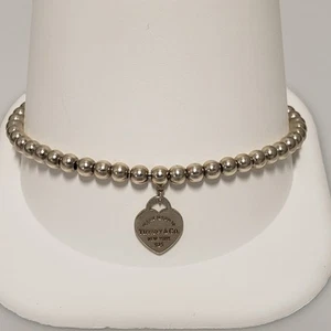 Tiffany & Co. Sterling Silver 4mm Bead Ball Mini Heart Bracelet 7.5" - Picture 1 of 10