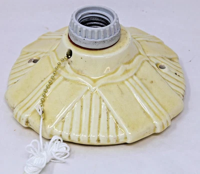 Antique 1930s  Art Deco Porcelain Light Fixture Rewired Flush Mount Lt. Yellow - Image 1 of 4