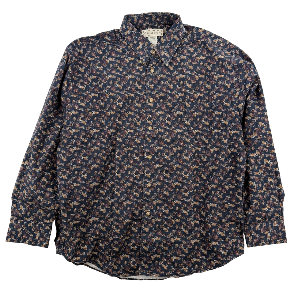 Crossings Shirt Mens Large Navy Blue Leaf Print Button Down Long Sleeve Casual - Image 1 of 4