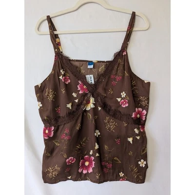 Camiseta sin mangas Old Navy Marrón Rosa Flora Babydoll ribete de encaje Cami para mujer talla L Foto 1 de 4