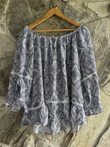 Top boho campesino Fever azul blanco con hombros descubiertos XL - Imagen 1 de 12