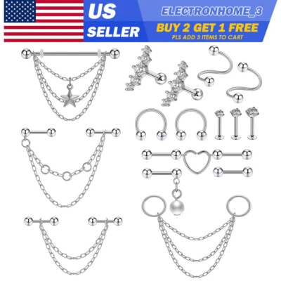 16PC 16G Industrial Barbell Surgical Steel Cartilage Tragus Stud Earring Lip Set - Image 1 of 4