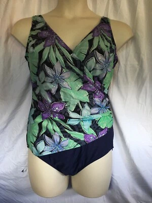 Купальник цельный Sirena темно-синий цветочный крест спереди размер 20 - Изображение 1 из 4