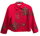 Anage Red Gold Black Floral Embroidered Beaded Cotton Zip Jacket Art To Wear XL