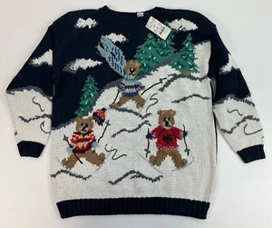 Vintage 90s Maggie Lawrence Teddy Bears Skiing Winter Christmas Sweater Sz 14/16 - Picture 1 of 6