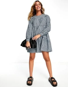 Whistles Gingham Tiered Trapeze Dress UK 8 Flannel Warm Blue Short RRP 119 Check - Picture 1 of 15
