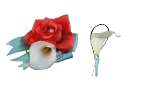 2pc set: Wrist corsage & Boutonniere: Coral and Aqua (Spa) Artificial Flowers - Picture 1 of 1