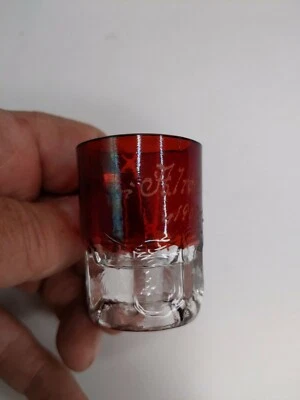 Antique Ruby Stain Etched Alice 1903 Marked Miniature Glass Mug 2"x2" Ex Conditi - Image 1 of 4