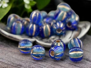 6mm Gold Washed Blue Aqua Czech Glass Large Hole Melon Beads 25 Beads - Picture 1 of 6
