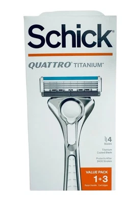 Maquinilla de afeitar Schick Quattro Titanium para hombre de 4 hojas 1 mango y 3 cartuchos Foto 1 de 2