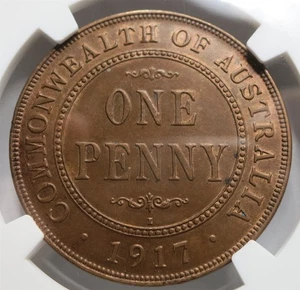 AUSTRALIA Britain 1 Penny 1917 I NGC MS 62 BN UNC Calcutta India World War I. - Picture 1 of 8