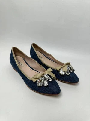 Pisos planos de ballet Miu azul denim adornados con lazo punta talla 38 Foto 1 de 4
