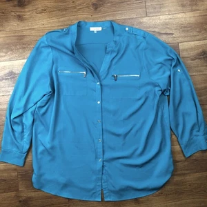 Calvin Klein Langarmshirt Damen Übergröße 2X blau mit Knopfleiste - Bild 1 von 10