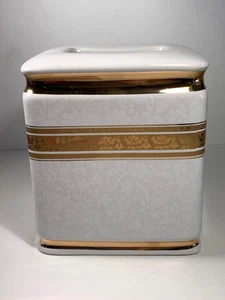 Vintage White & Gold Ceramic Floral Print Tissue Box Cover 6.5 in. - Picture 1 of 10