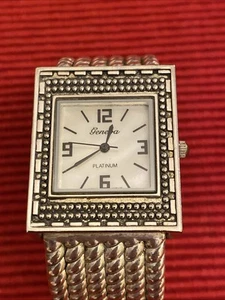 GENEVA PLATINUM WOMENS BRACELET WATCH Silver case pearl white face-WORKS! - Picture 1 of 7