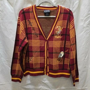 Harry Potter Gryffindor red yellow plaid embroidered lion snitch cardigan large - Picture 1 of 11