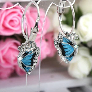 Fashion Sparkling Crystal Diamante Blue Butterfly Hoop Silver Earrings UK Seller - Picture 1 of 3