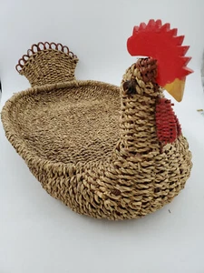 Vintage Woven Painted Wood Head ROOSTER Chicken Shaped Basket Tray Folk Art - Picture 1 of 6