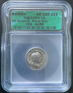 ELAGABALUS AD 220-221 DENARIUS SILVER COIN ICG AU-55 - Picture 1 of 2