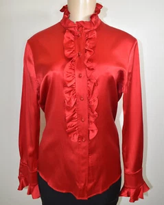 Blusa De Colección St. John Luxe Seda Roja Joya Botones y Elegante Detalle de Volantes - Talla 4 - Imagen 1 de 16