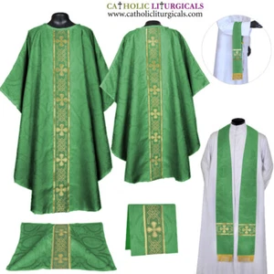 NEW GREEN Gothic Chasuble & Low Mass Set, Gothic Vestment, Casulla Blanca - Picture 1 of 1