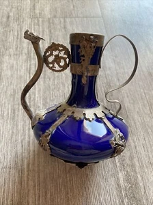 Jarrón chino vintage azul cobalto con paktong plateado o florero de peltre - Imagen 1 de 11