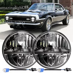 Black Pair 7"inch Round LED Headlight Hi/Lo Beam Fit 1967 1968 1969 Chevy Camaro - Picture 1 of 13