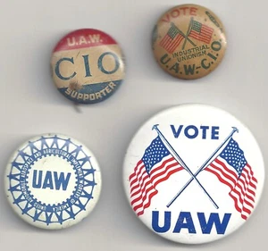 4 verschiedene Vintage UAW - CIO Union Pins VOTE INDUSTRIAL UNIONISM etc. - Bild 1 von 2