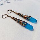 Antiqued Copper Filigree Drop Earrings With Cultured Sea Glass Artisan Made Gift