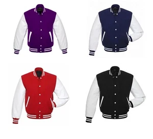 Men's Varsity Bomber Letterman Baseball Jacket Wool Body Genuine Leather Sleeve - Picture 1 of 9