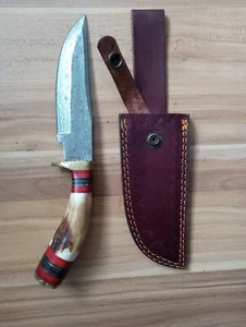 Custom Made Fixed Blade Damascus Steel Knife Stag Horn W Leather Sheath - Picture 1 of 4