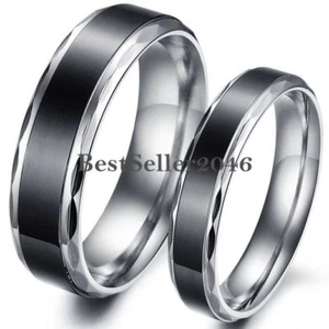 Stainless Steel Vintage Black Flat Wedding Band Love Engagement Promise Ring - Picture 1 of 7