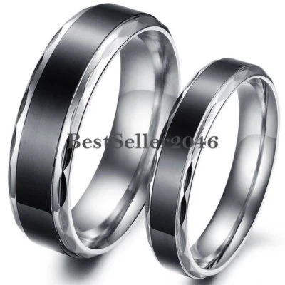 Stainless Steel Vintage Black Flat Wedding Band Love Engagement Promise Ring - Image 1 of 4