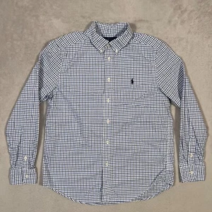 Ralph Lauren Shirt Boys Large White Blue Grid Pattern Button Down Long Sleeve - Picture 1 of 13