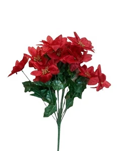 12-Head Real Touch Flannel Artificial Red Poinsettia Christmas Flower Bushes - Picture 1 of 14