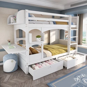 Etagenbett Kinderbett Hochbett Bettgestell mit Schreibtisch Leiter, 2 Schubladen - Bild 1 von 12