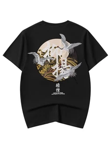 Niepce Japanese Streetwear Embroidery T-shirt Movement of Cranes Graphic Tee - Picture 1 of 40