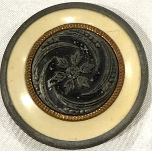 Large Antique Swirled Design Celluloid Center Button Set In Metal - Picture 1 of 2