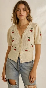 Kirsche bestickt Strick Cardigan Pullover süß Obst Motiv Cottagecore Boho Small - Bild 1 von 6