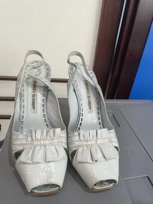 Manolo Blahnik Light Blue Leather 4” Heels Slingback Stiletto Open Toes Size 37 - Image 1 of 4