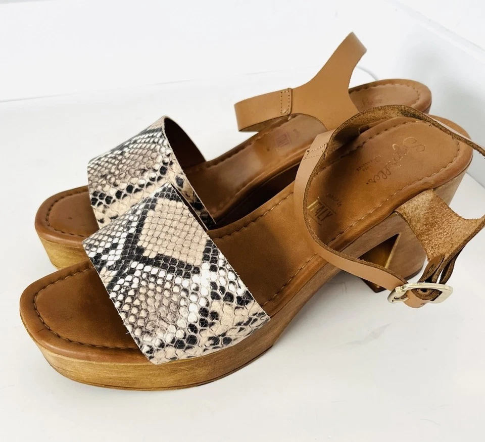 Seychelles Platform Heels Leather Snakeskin Size 9 Ankle Strap Italy Wood Block - Image 1 of 4