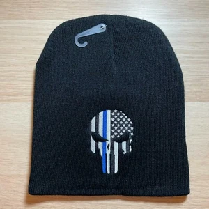 Calavera Bandera Americana Delgada Línea Azul Calavera Invierno Gorro Negro Cálido Sombrero - Imagen 1 de 2