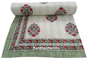 Hand Block Printed Kantha Blanket Hand Stitch Cotton Throw Reversible Cold Quilt - Picture 1 of 6