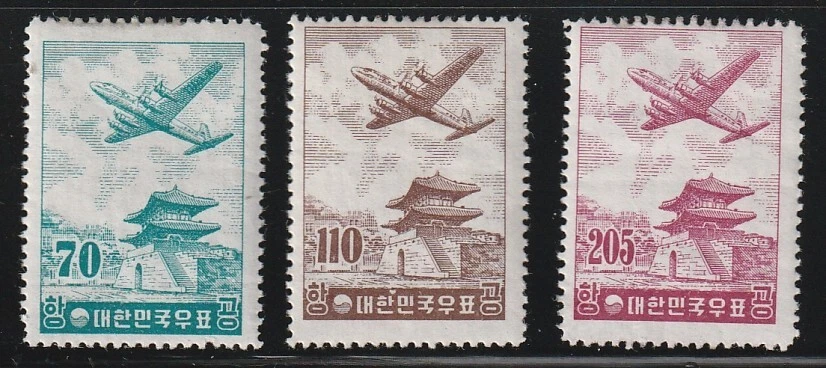 Korea    1956    Sc # C 17-19    Laid Paper(박지)    Air mail    MNH    OG - Image 1 of 1