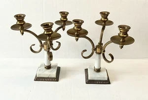 Vintage set 2 Brass Metal 3 Arm Candelabras w/ Marble base Scroll design - Picture 1 of 11